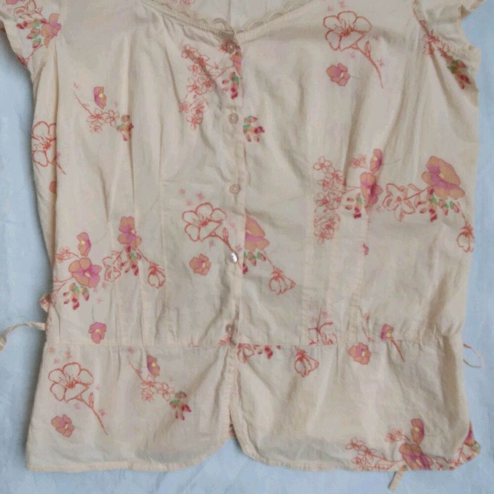 90s Y2K Fashion Bug Blouse Peach Floral Ties On The Sides Fairy Grunge Women's M - Picture 3 of 12
